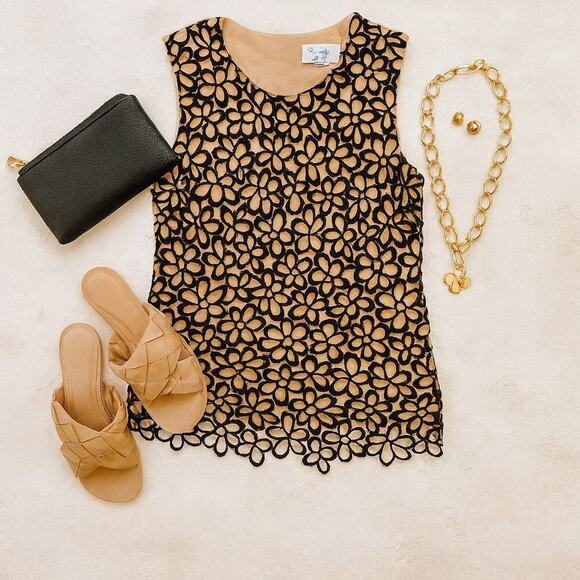 Lela Rose for Target Lace Tank Top Black Champagne Floral Retro Glam Small - Picture 2 of 10